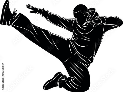 Vector art of silhouette of a man performing a martial arts kick, transparent background