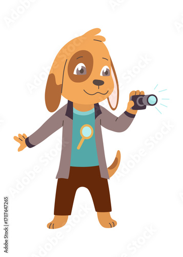 Dog detective character investigating and search for evidence