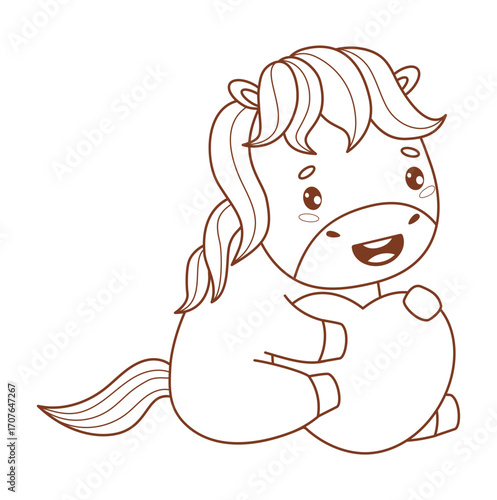 Outline Romantic Horse with Heart. Adorable Little Pony Kawaii Animal. Line drawing, coloring book. Vector illustration. Kids collection. Not AI