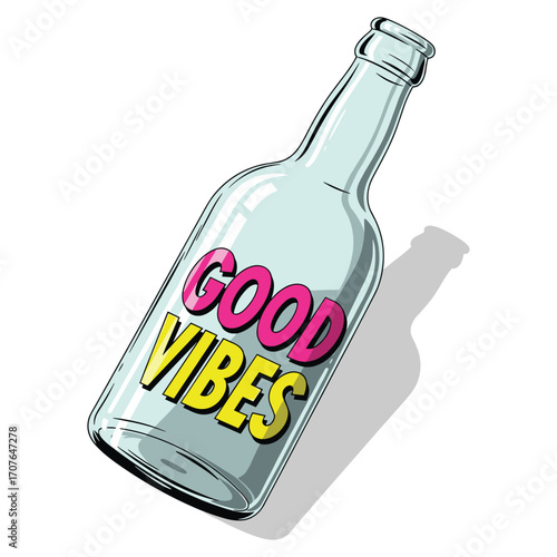 Vector Illustration of Glass Bottle with Good Vibes Text in Modern Minimalist Style Bright Colors