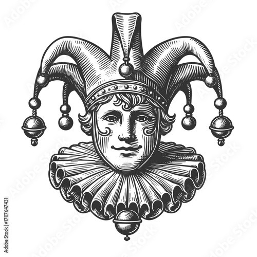 court jester wearing a traditional hat with bells, ornate clothing, and ruffled collar sketch engraving generative ai fictional character vector illustration. Scratch board. Black and white image.
