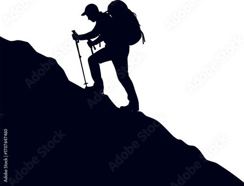 Vector art of silhouette of a hiker with a backpack and poles climbing a steep mountain transparent background