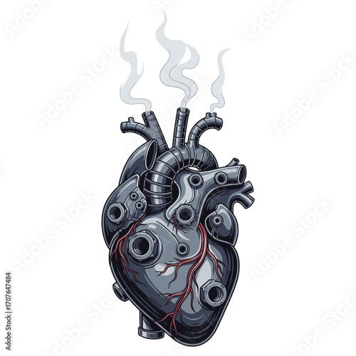 Realistic Vector Illustration of a Smoky Mechanical Heart in Dark Metallic Tones with Red Vein Accents for Industrial and Medical Design
