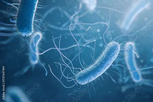 Salmonella bacteria under an electron microscope. Visible flagella and detailed cellular structures in a blue scientific background