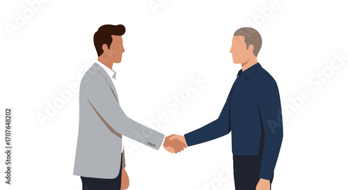 An illustration of two professional men in business attire shaking hands to finalize a deal or agreement.