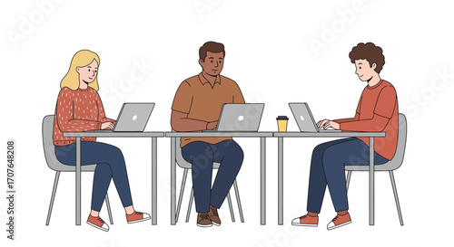 A diverse team of three colleagues, one woman and two men, sitting together at a long desk while working on their laptops.