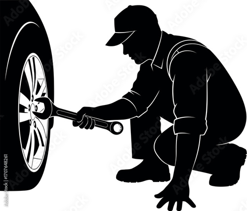 Vector art of mechanic changing a car tire with a wrench transparent background
