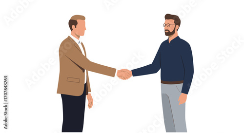 Two businessmen in smart casual attire shaking hands, symbolizing a partnership, agreement, or successful deal on an isolated white background.