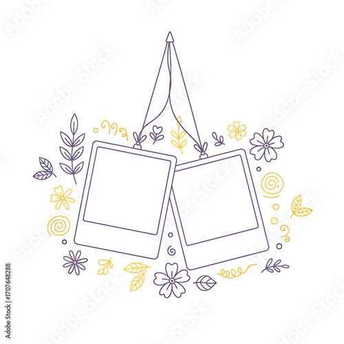 Two blank polaroid frames hang adorned with delicate floral and celebratory elements.