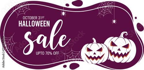 Spooky Halloween sale banner with pumpkins and cobwebs offering up to 70% off