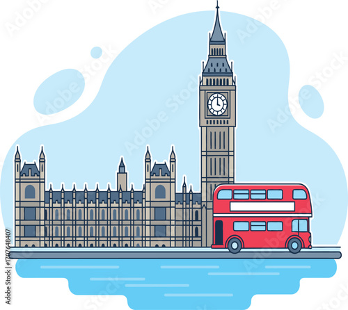 illustration captures a quintessential scene in London, England. The artwork prominently features the Houses of Parliament and the iconic Big Ben clock tower.