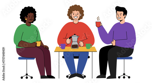 Three diverse friends or colleagues enjoying a coffee break together, sitting at a table and socializing.