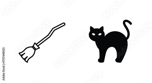 Witch Broom and Black Cat Icon Illustration
