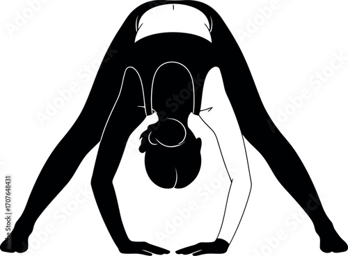 Vector art of silhouette of a person in a widelegged forward bend yoga pose, transparent background