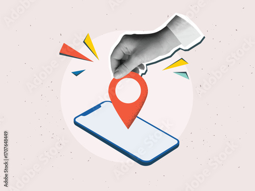 Black and white hand puts a red location pin on a phone screen. Destination mark on a smartphone. Modern photo collage style. Vector illustration