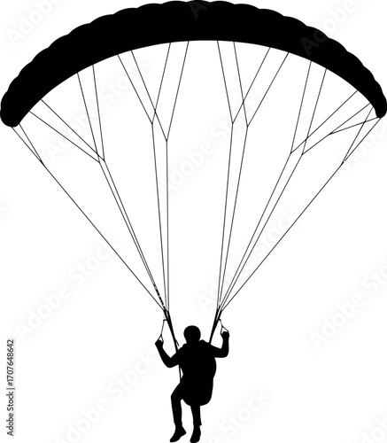 Vector art of silhouette of a person paragliding with a large parachute transparent background