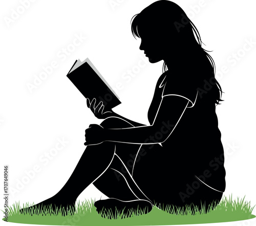 Vector art of silhouette of a woman sitting on grass reading a book, transparent background