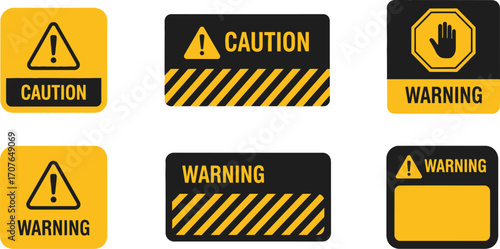 Collection of safety warning and caution signs with yellow and black hazard stripes