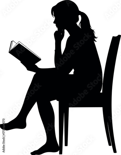 Vector art of silhouette of a woman sitting on a chair reading a book, transparent background