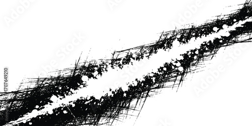Abstract black and white drawing or painting with intersecting lines and shapes