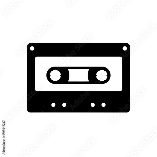 Black and white cassette tape illustration on transparent background silhouette