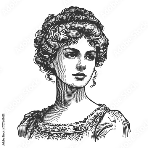 19th century woman wearing floral crown and ornate dress sketch engraving generative ai fictional character vector illustration. Scratch board imitation. Black and white image.