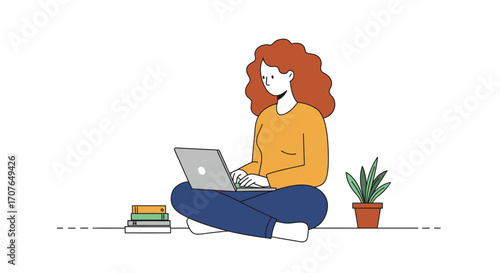 A minimalist illustration of a young woman with curly red hair sitting cross-legged on the floor, working on her laptop with books and a plant nearby.