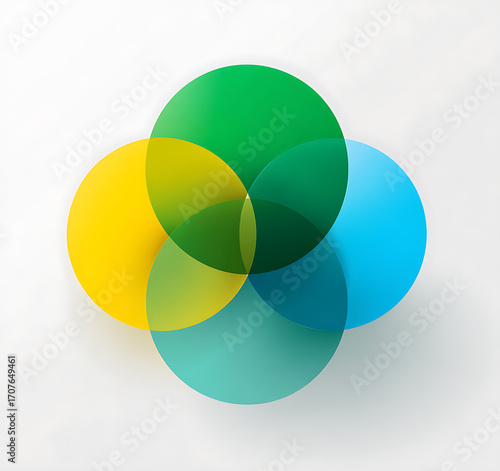 Minimalist vector logo of three connected colorful circles in green, blue, and yellow with cute rounded shapes, simple flat design on white background, clear and playful style