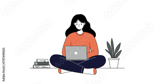 A minimalist illustration of a woman sitting cross-legged on the floor, working on her laptop next to books and a plant.
