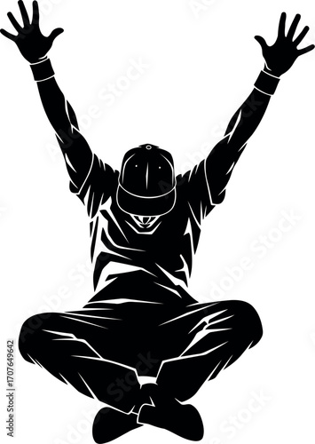Vector art of silhouette of a man sitting with arms raised in celebration, transparent background