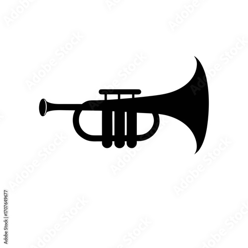 Silhouette image of a black trumpet horn on transparent background