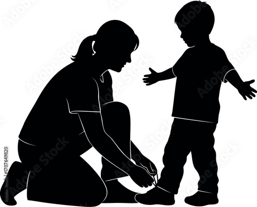 Vector art of mother kneeling to tie childs shoelace transparent background