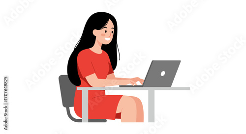 A smiling woman with long black hair in a red dress sits at a desk typing on a laptop computer.