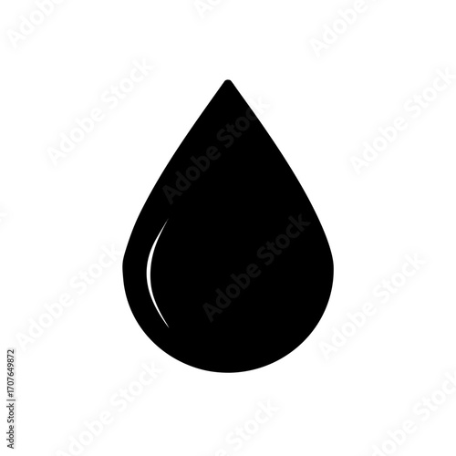 Illustration of a single black water drop on transparent background silhouette