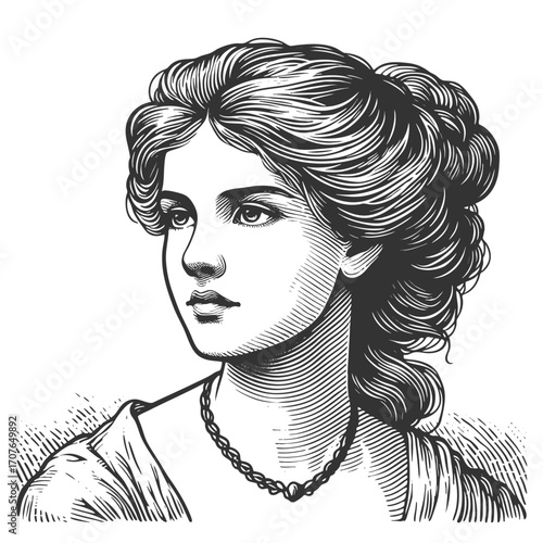 19th century woman wearing floral crown and ornate dress sketch engraving generative ai fictional character vector illustration. Scratch board imitation. Black and white image.