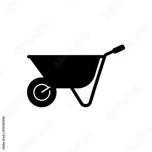Simple black silhouette of a wheelbarrow on transparent background