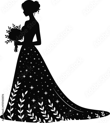 Elegant bridal silhouette holding bouquet, wedding dress with floral and star design, romantic bride vector, perfect for invitations, decor.eps