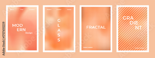 Set of peach pink gradient stripes with ribbed fractal glass effect background. Nude, peach and apricot gradient soft poster. Modern dynamic design for wall art, flyers, brochures, covers and web
