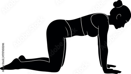 Vector art of silhouette of a woman in a yoga pose on hands and knees, transparent background