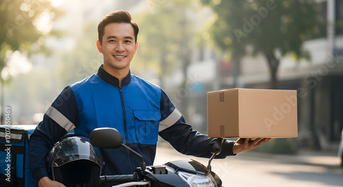 Smiling Delivery Rider on a Scooter Holding a Package Ready for Delivery