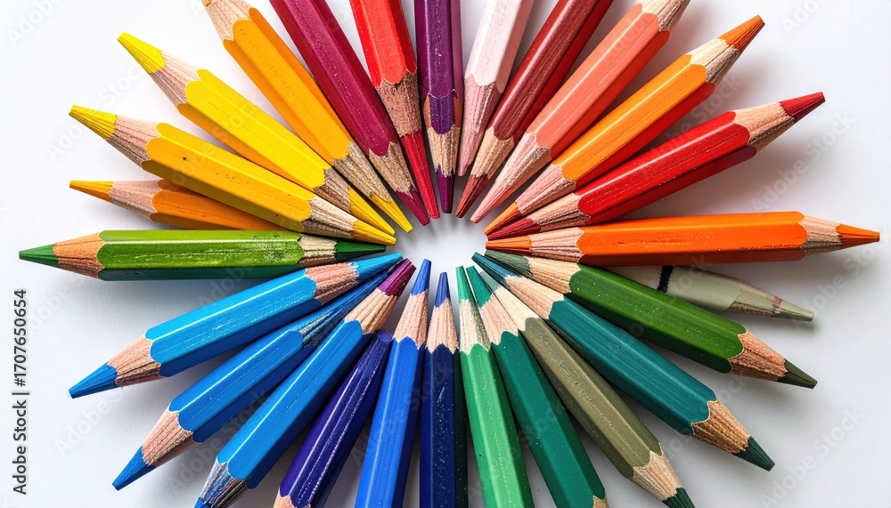 Fototapeta premium Brightly colored pencils arranged in a circular pattern on a white background, showing a range of hues and pencil tip details