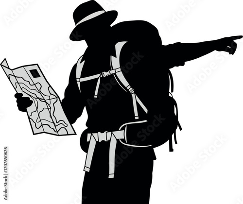 Vector art of silhouette of a hiker with a backpack holding a map transparent background