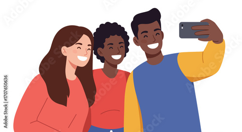 A group of three happy, diverse young friends, two women and a man, smiling while taking a selfie with a smartphone.