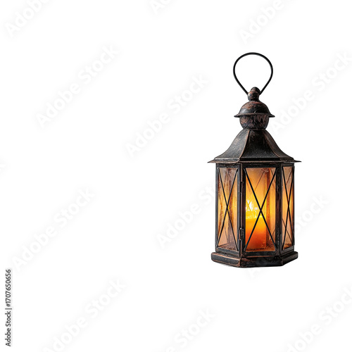 Rustic lantern, lit candle inside