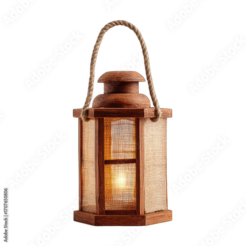 Wooden lantern with rope handle, light inside