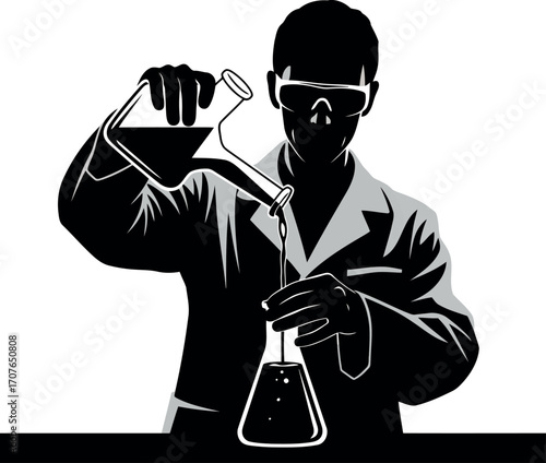 Vector art of silhouette of a scientist pouring liquid in a laboratory flask transparent background