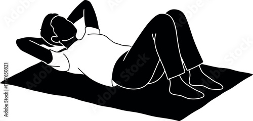 Vector art of man doing situps on a mat, silhouette illustration transparent background