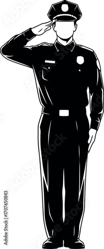 Vector art of silhouette of a police officer in uniform saluting transparent background