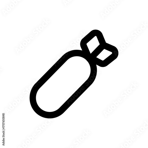 Illustration of a stylized bomb with a rounded body and tail fins in a bold black outline design style