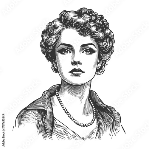 20th century woman with wavy hairstyle, refined features, and timeless elegance in retro fashion sketch engraving generative ai fictional character vector illustration. Scratch board. Black and white.